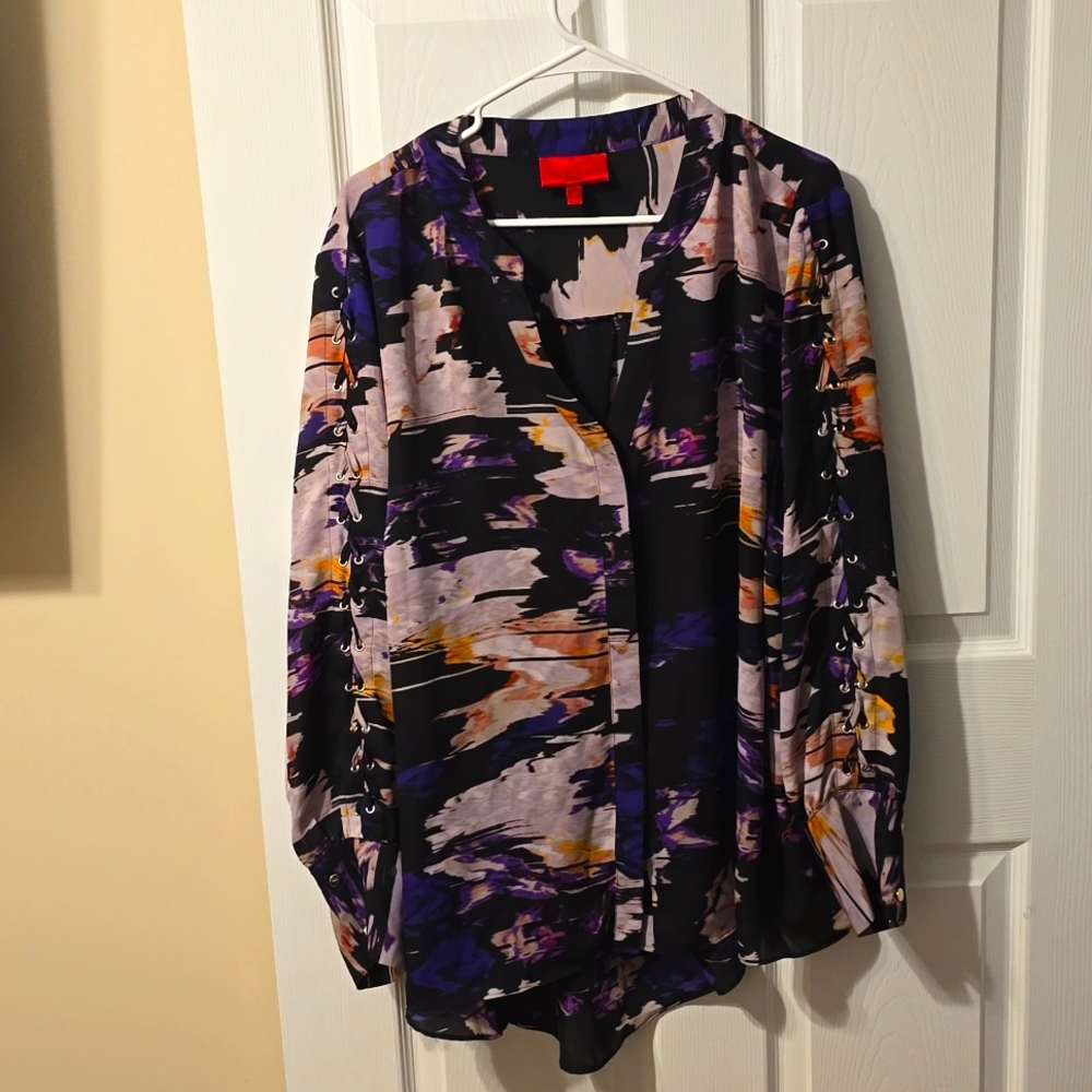 Jennifer Lopez Black Abstract Print Blouse with Purple and Orange Accents